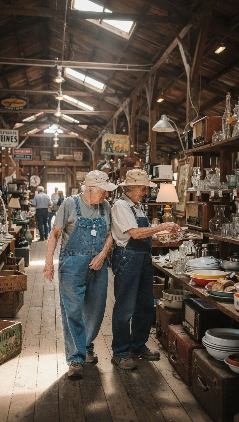 Сцена с ярмарки старинных вещей, где покупатели рассматривают уникальные предметы и обсуждают их историю.