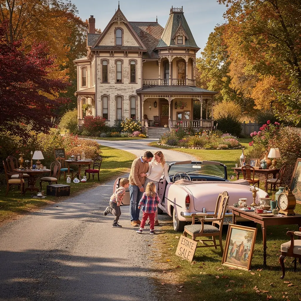 Старинный автомобиль на фоне живописного американского пейзажа, символизирующий поездки по антикварным рынкам.