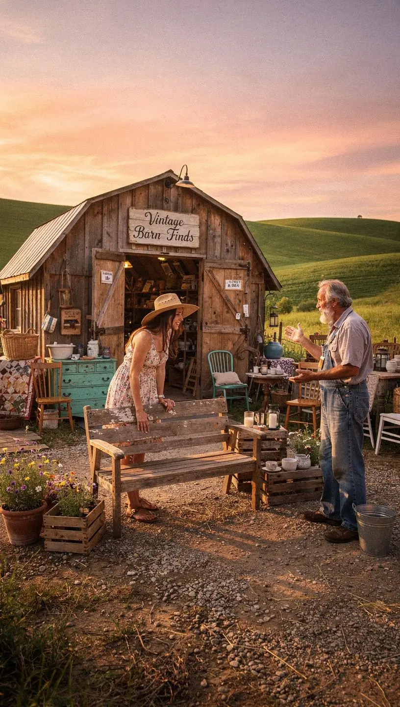 Женщина, исследующая антикварный магазин, окруженная уникальными винтажными предметами и коллекционными находками.