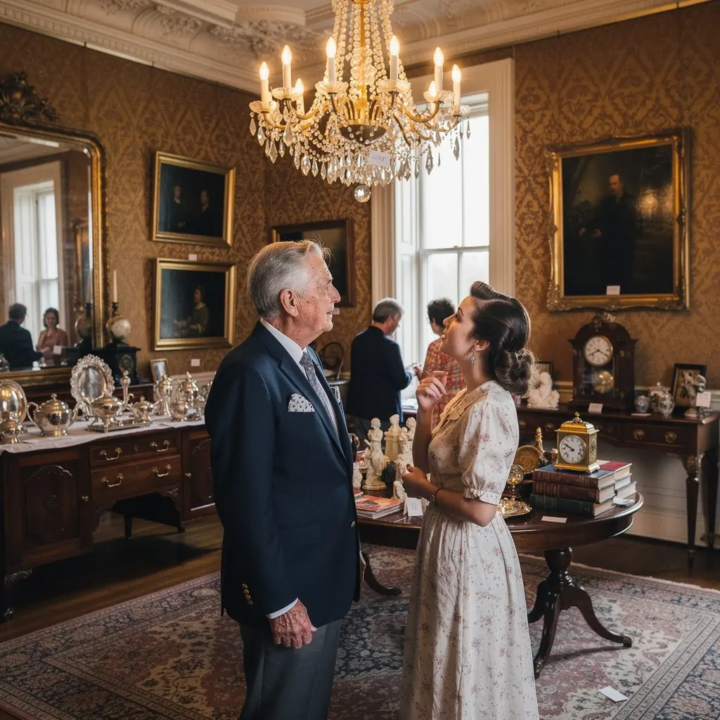 Яркий антикварный рынок, заполненный винтажными товарами и коллекционными предметами.