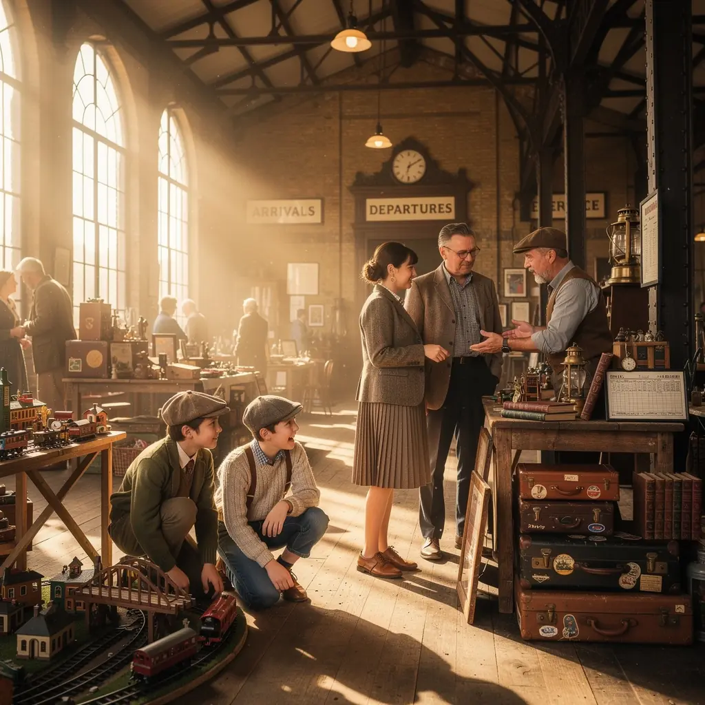 Яркий рынок антиквариата с разнообразными винтажными товарами.